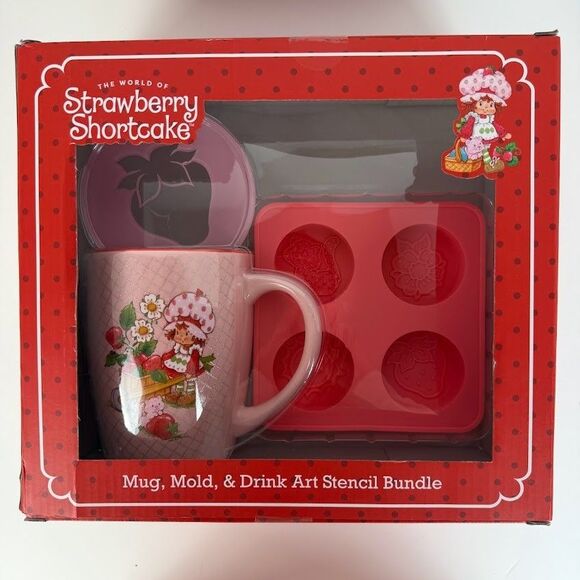 Other - Strawberry Shortcake Sparkle Mug, Ice/Chocolate Mold, & Drink Art Stencil, NIB